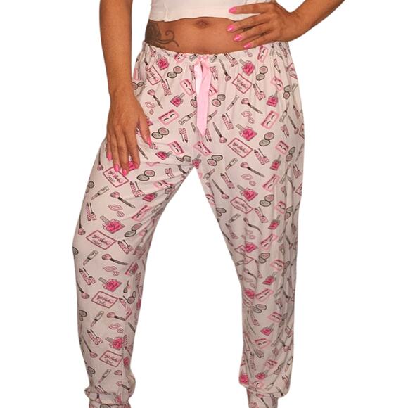 Makeup Pajama Pants Juniors 3X White Pink Nail Polish Lipstick Loungewear Comfy - Picture 1 of 12